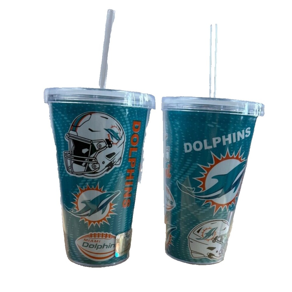 NFL Miami Dolphins Tumbler Set of 2 With Lids and Straws NEW